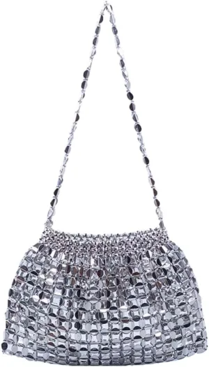 Stylish Beaded Clutch Evening Purse for Women Cute Hollow Beaded Chain Handbag Bar Pub Disco Shoulder Bag