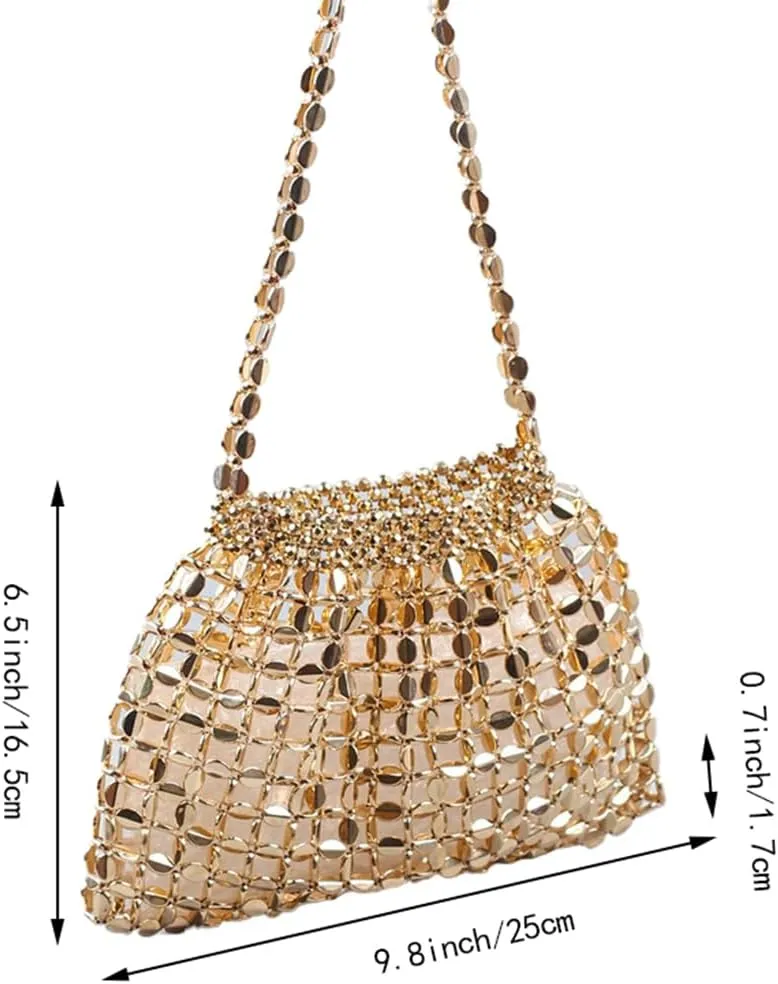Stylish Beaded Clutch Evening Purse for Women Cute Hollow Beaded Chain Handbag Bar Pub Disco Shoulder Bag