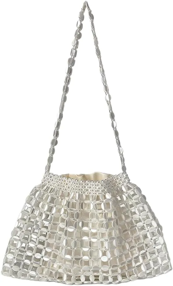 Stylish Beaded Clutch Evening Purse for Women Cute Hollow Beaded Chain Handbag Bar Pub Disco Shoulder Bag
