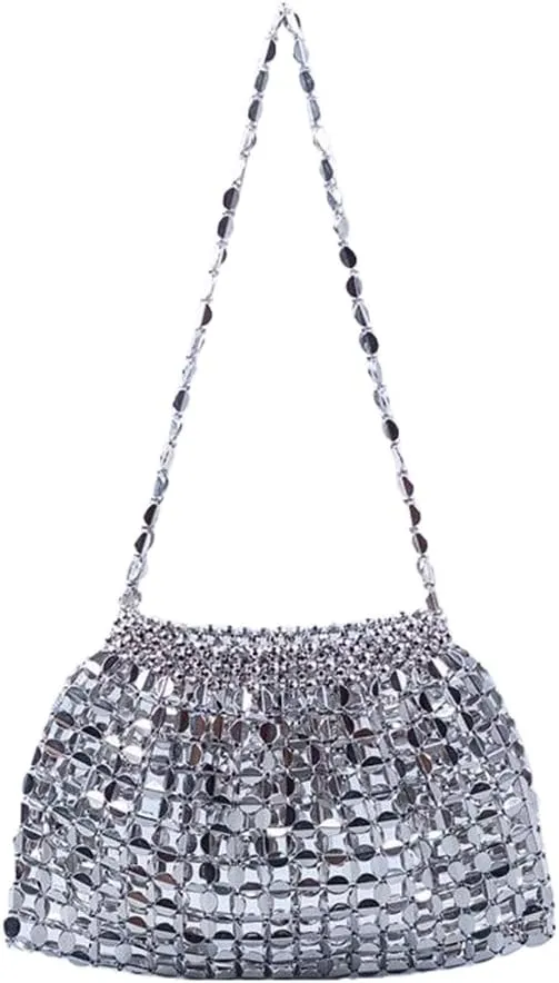 Stylish Beaded Clutch Evening Purse for Women Cute Hollow Beaded Chain Handbag Bar Pub Disco Shoulder Bag