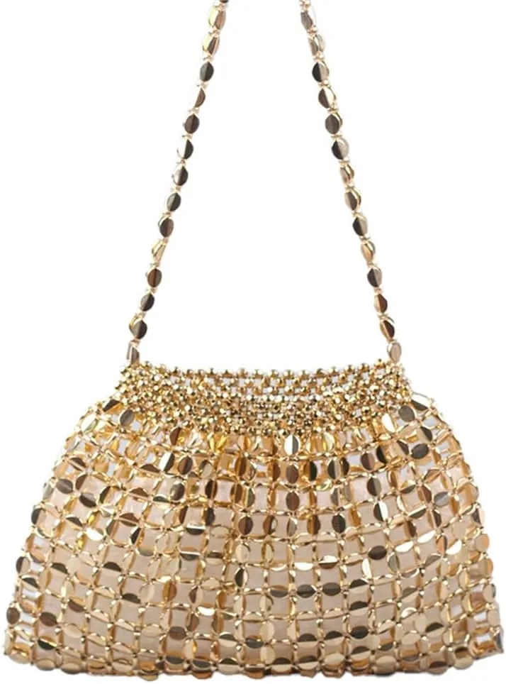 Stylish Beaded Clutch Evening Purse for Women Cute Hollow Beaded Chain Handbag Bar Pub Disco Shoulder Bag