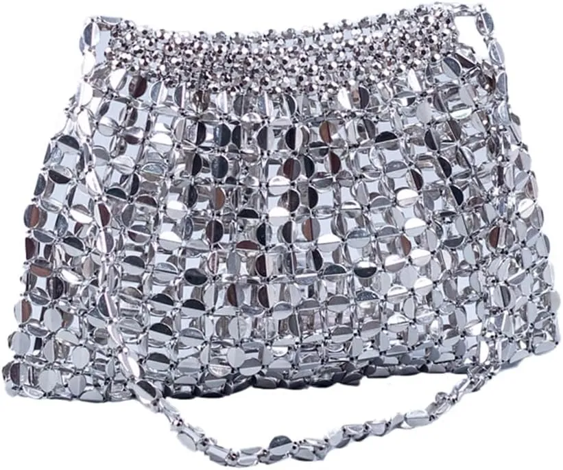 Stylish Beaded Clutch Evening Purse for Women Cute Hollow Beaded Chain Handbag Bar Pub Disco Shoulder Bag