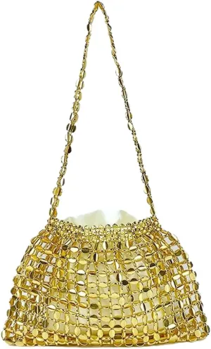 Stylish Beaded Clutch Evening Purse for Women Cute Hollow Beaded Chain Handbag Bar Pub Disco Shoulder Bag