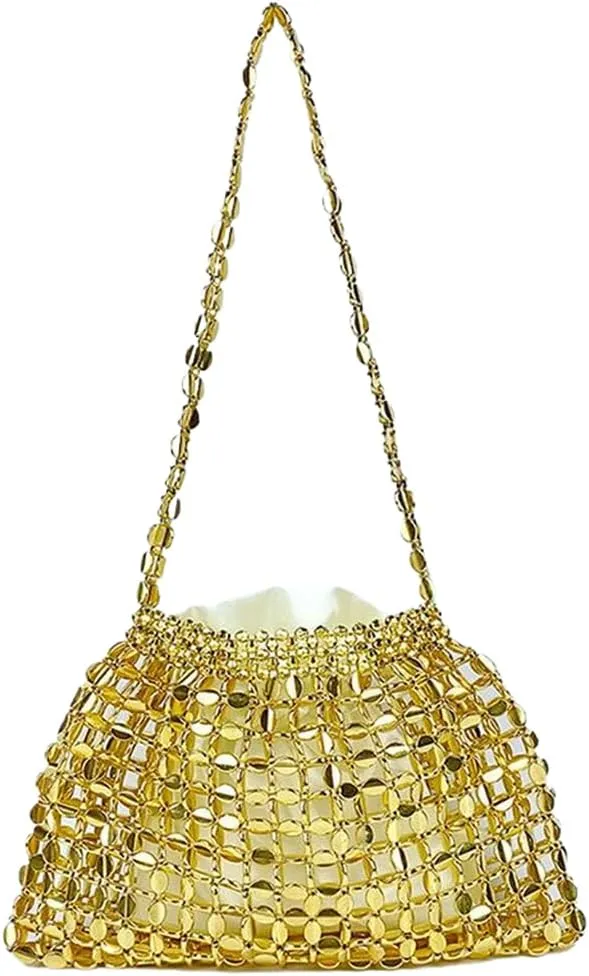 Stylish Beaded Clutch Evening Purse for Women Cute Hollow Beaded Chain Handbag Bar Pub Disco Shoulder Bag