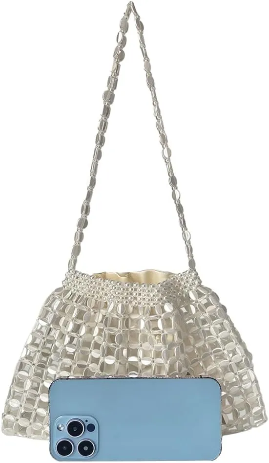 Stylish Beaded Clutch Evening Purse for Women Cute Hollow Beaded Chain Handbag Bar Pub Disco Shoulder Bag