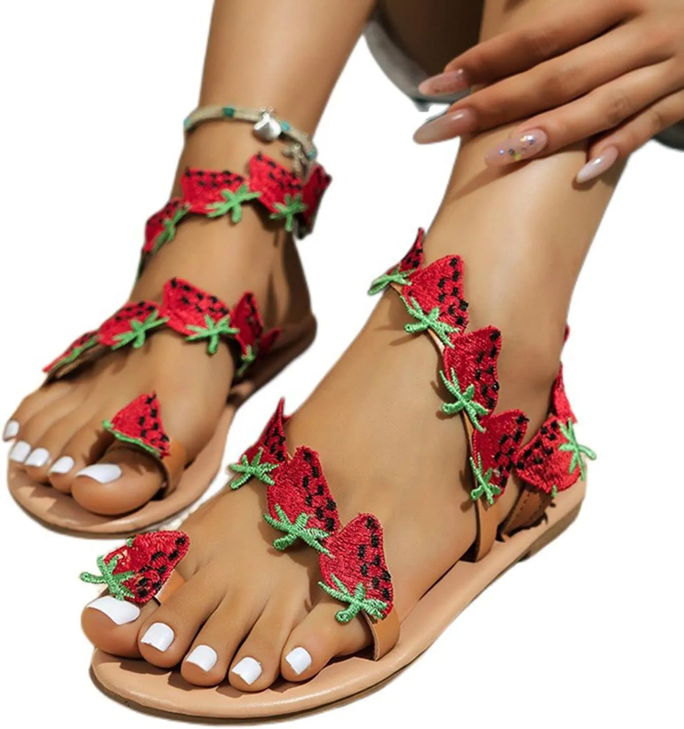 Summer Decoration Flock Slip On Casual Open Toe Flat Soft Bottom Platform Sandals on Wedding Jewelry Ring Dressy Beach Boho Slipper Shoes Watermelon Sparkly Bling Bohemian Lace Flower Sandal