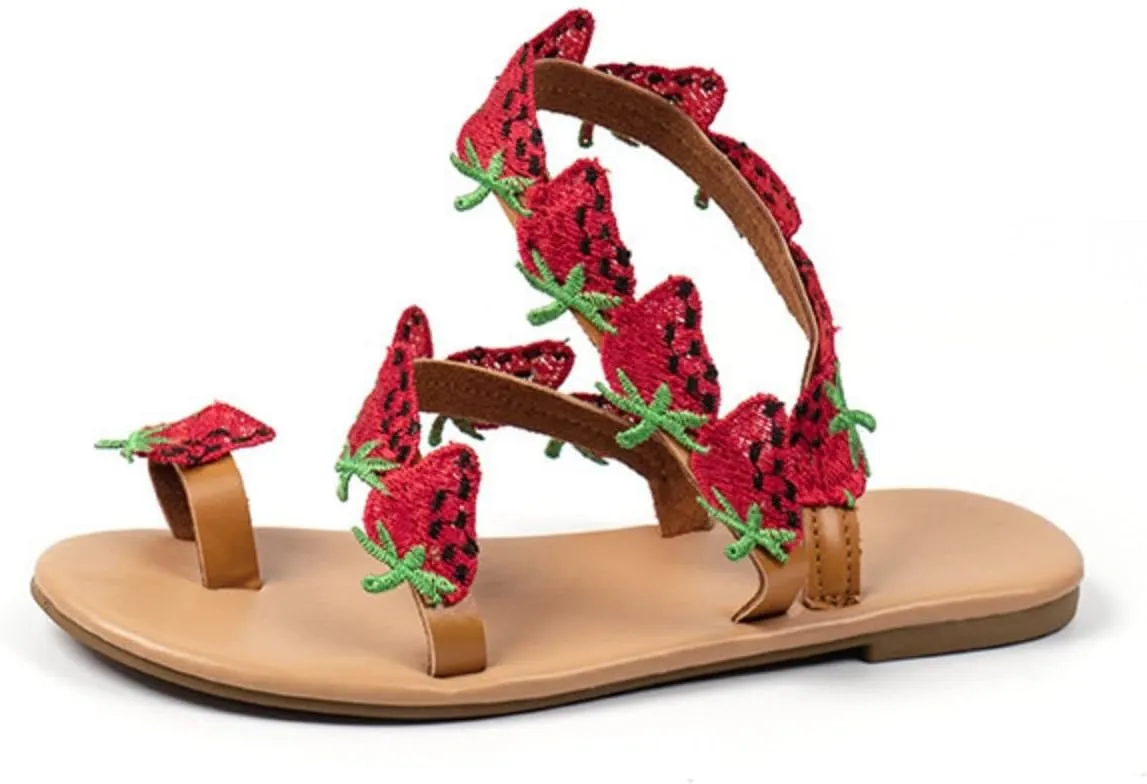 Summer Decoration Flock Slip On Casual Open Toe Flat Soft Bottom Platform Sandals on Wedding Jewelry Ring Dressy Beach Boho Slipper Shoes Watermelon Sparkly Bling Bohemian Lace Flower Sandal