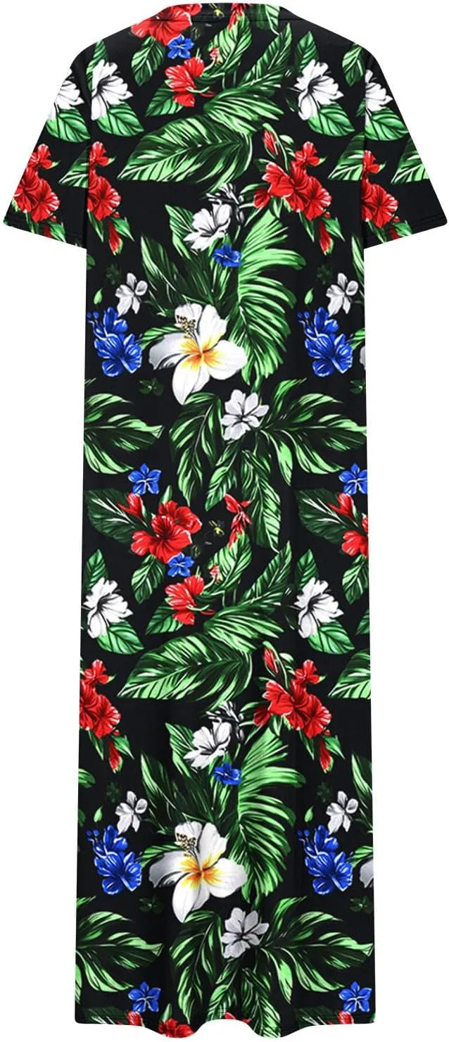 Summer Dress for Women Casual Loose Short Sleeve Long T Shirt Dress Split Maxi Beach Floral Sundress Vacation Outfits