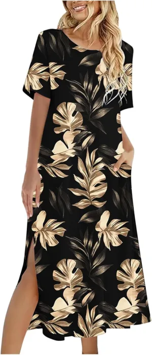 Summer Dress for Women Casual Loose Short Sleeve Long T Shirt Dress Split Maxi Beach Floral Sundress Vacation Outfits