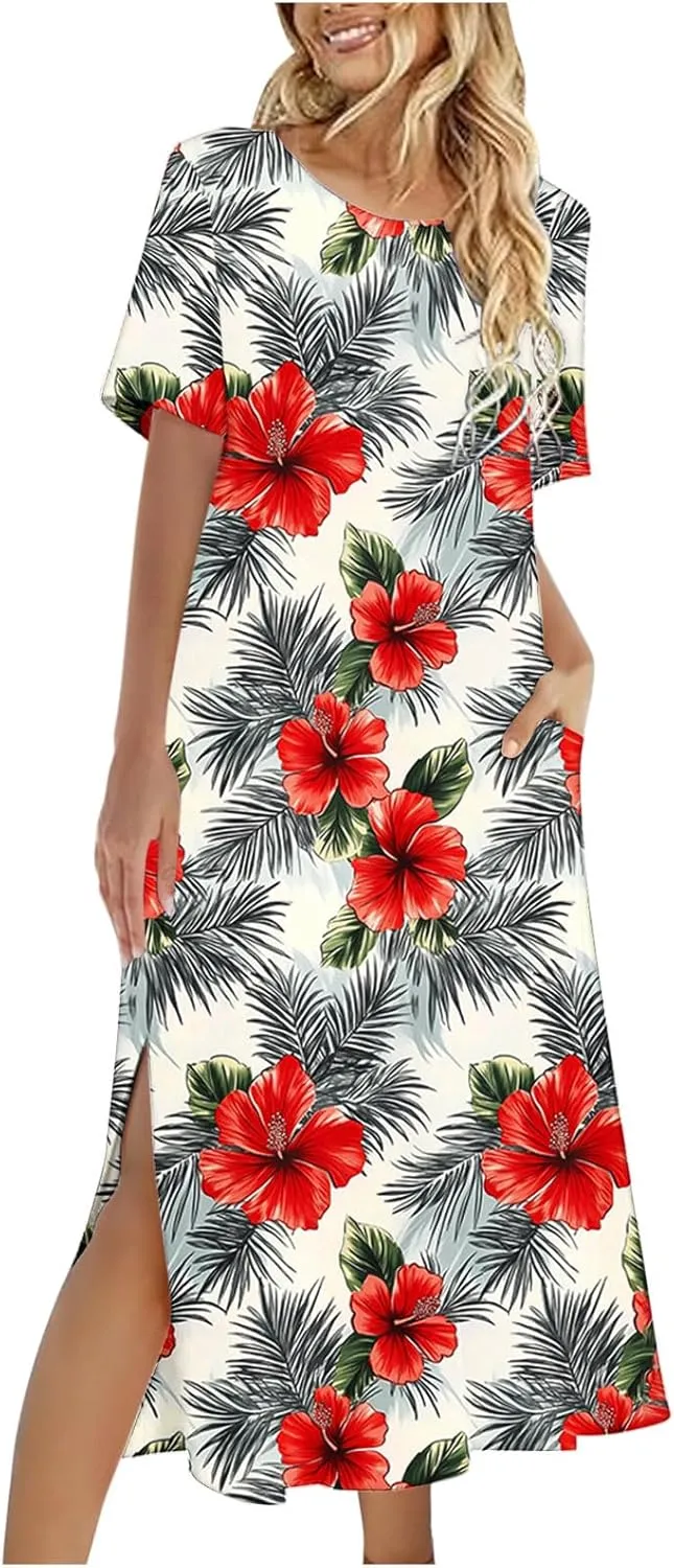 Summer Dress for Women Casual Loose Short Sleeve Long T Shirt Dress Split Maxi Beach Floral Sundress Vacation Outfits