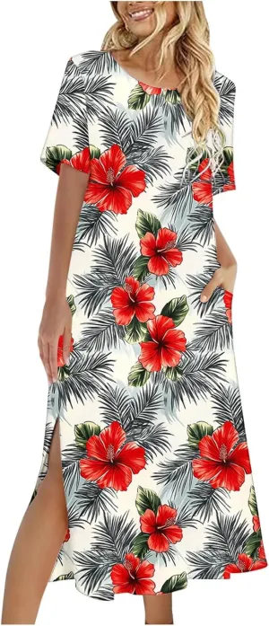 Summer Dress for Women Casual Loose Short Sleeve Long T Shirt Dress Split Maxi Beach Floral Sundress Vacation Outfits