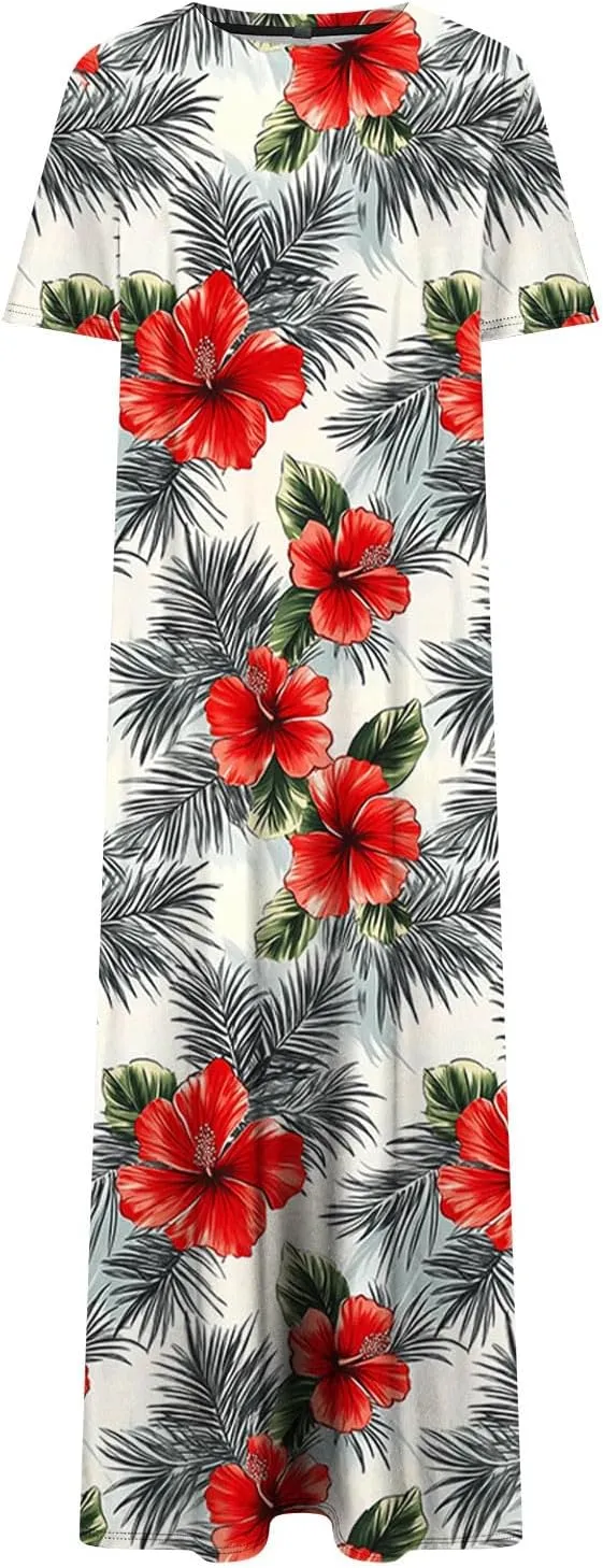 Summer Dress for Women Casual Loose Short Sleeve Long T Shirt Dress Split Maxi Beach Floral Sundress Vacation Outfits