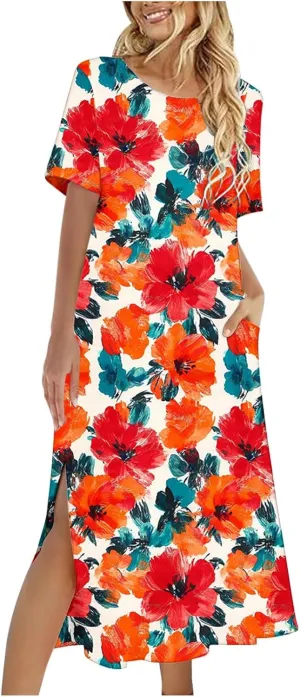 Summer Dress for Women Casual Loose Short Sleeve Long T Shirt Dress Split Maxi Beach Floral Sundress Vacation Outfits