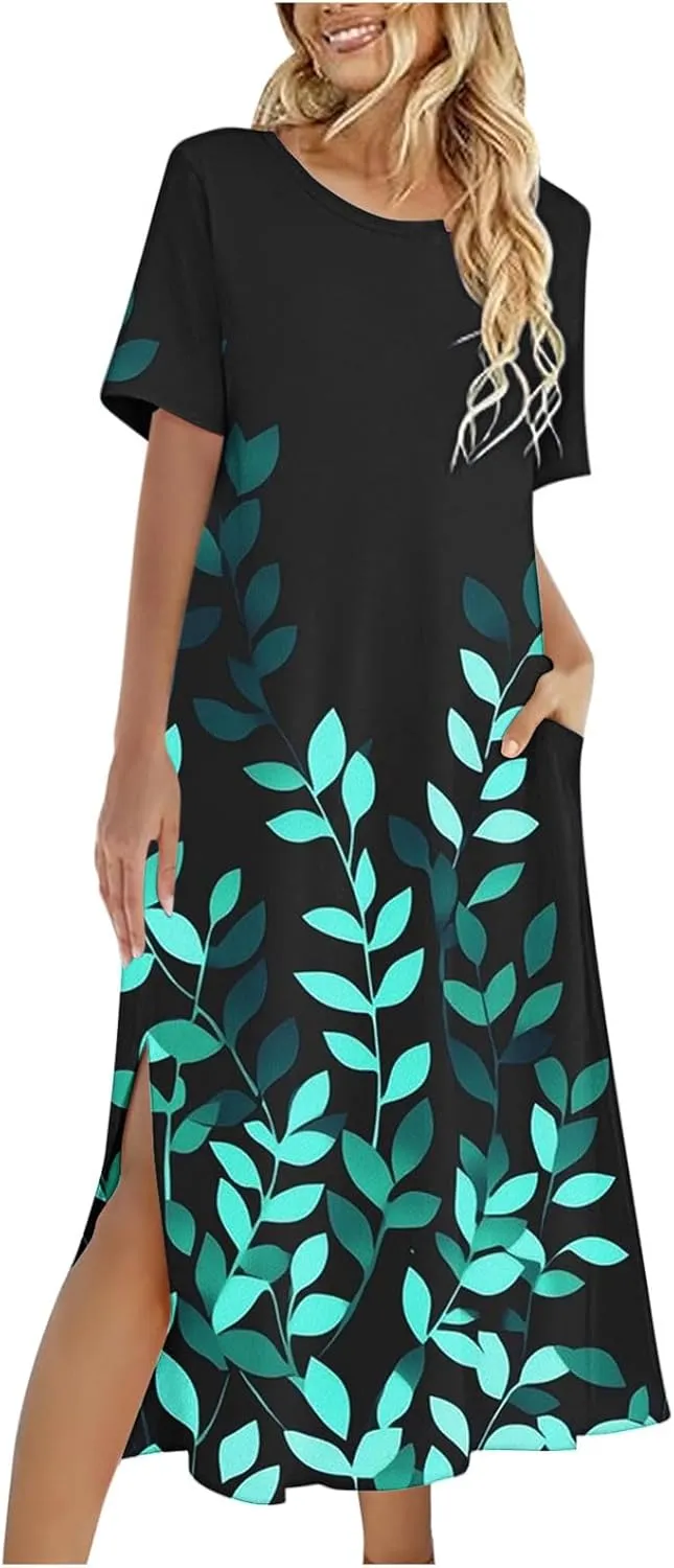 Summer Dress for Women Casual Loose Short Sleeve Long T Shirt Dress Split Maxi Beach Floral Sundress Vacation Outfits