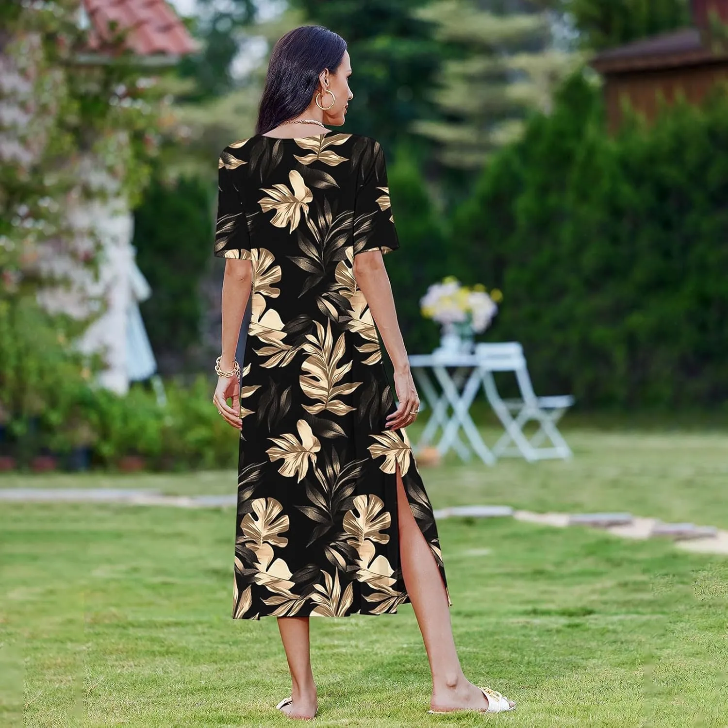 Summer Dress for Women Casual Loose Short Sleeve Long T Shirt Dress Split Maxi Beach Floral Sundress Vacation Outfits