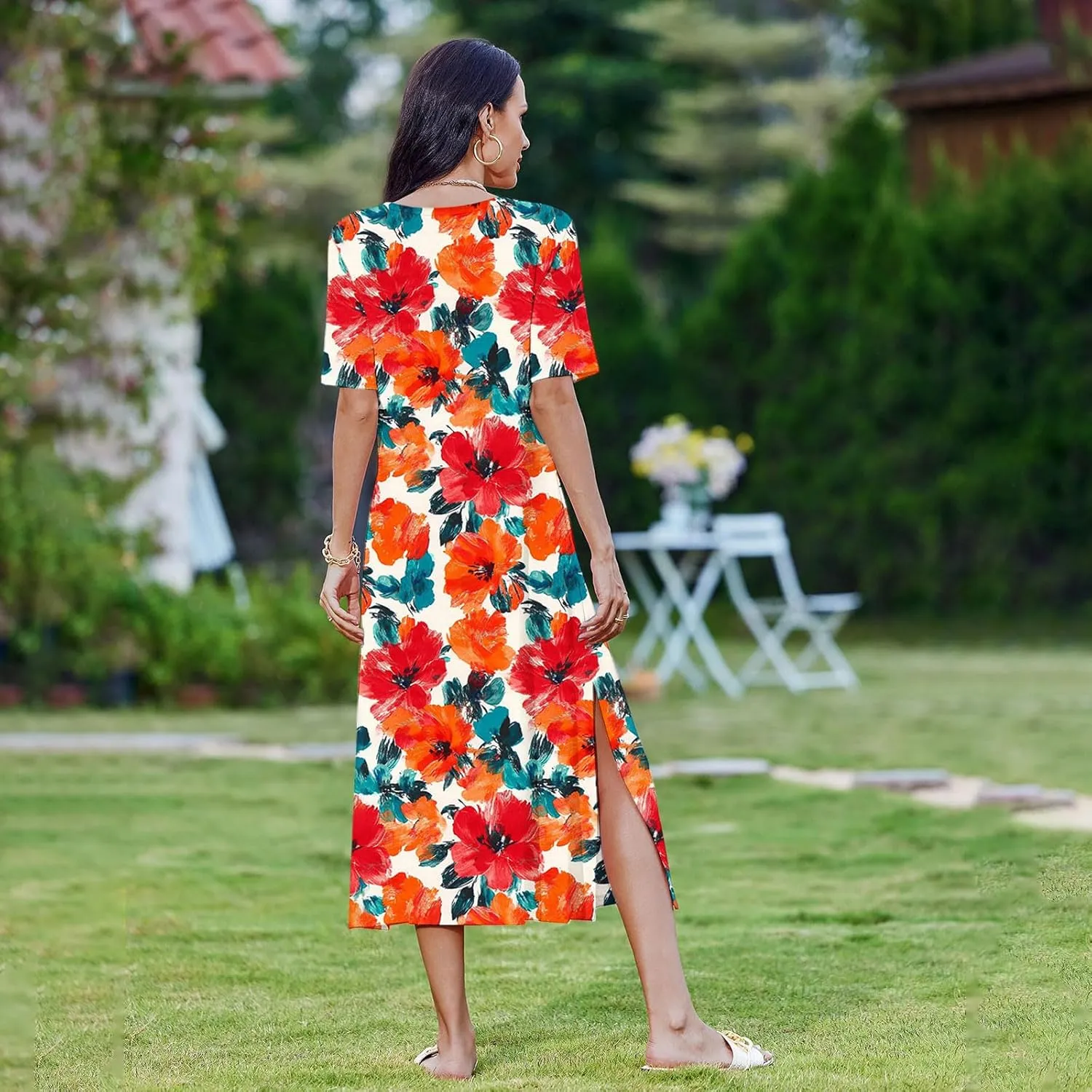 Summer Dress for Women Casual Loose Short Sleeve Long T Shirt Dress Split Maxi Beach Floral Sundress Vacation Outfits