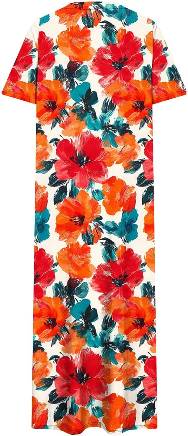 Summer Dress for Women Casual Loose Short Sleeve Long T Shirt Dress Split Maxi Beach Floral Sundress Vacation Outfits