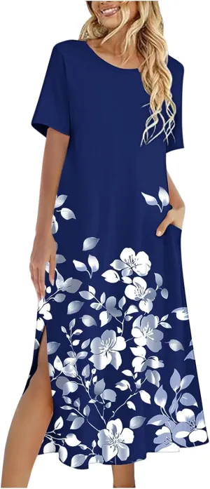 Summer Dress for Women Casual Loose Short Sleeve Long T Shirt Dress Split Maxi Beach Floral Sundress Vacation Outfits