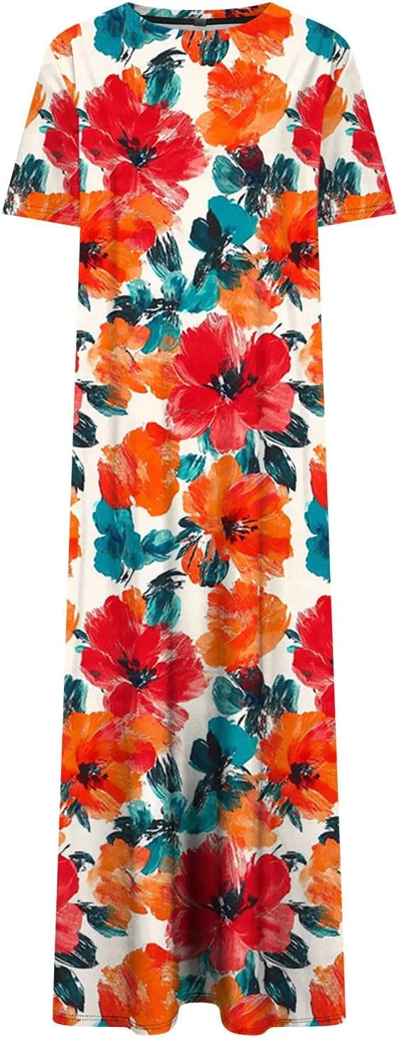 Summer Dress for Women Casual Loose Short Sleeve Long T Shirt Dress Split Maxi Beach Floral Sundress Vacation Outfits