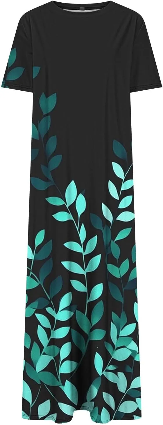Summer Dress for Women Casual Loose Short Sleeve Long T Shirt Dress Split Maxi Beach Floral Sundress Vacation Outfits