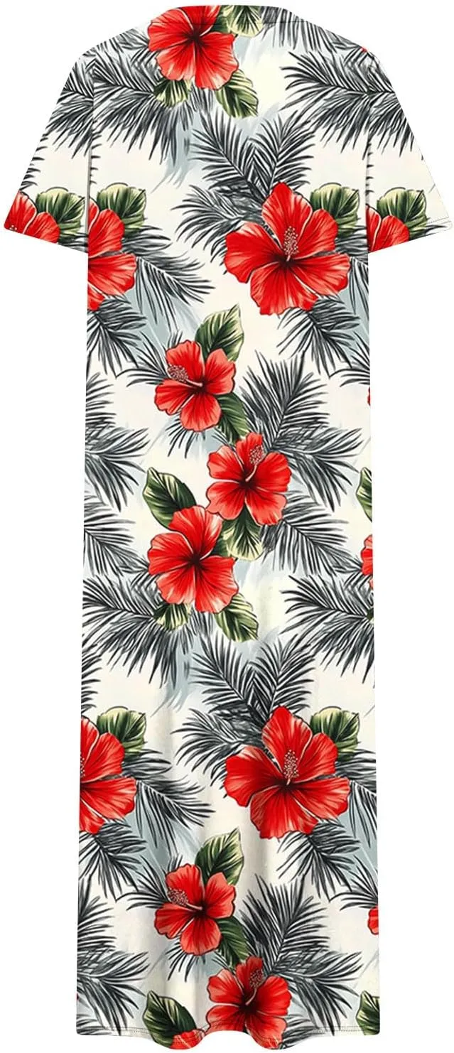 Summer Dress for Women Casual Loose Short Sleeve Long T Shirt Dress Split Maxi Beach Floral Sundress Vacation Outfits