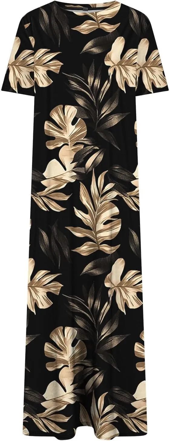Summer Dress for Women Casual Loose Short Sleeve Long T Shirt Dress Split Maxi Beach Floral Sundress Vacation Outfits