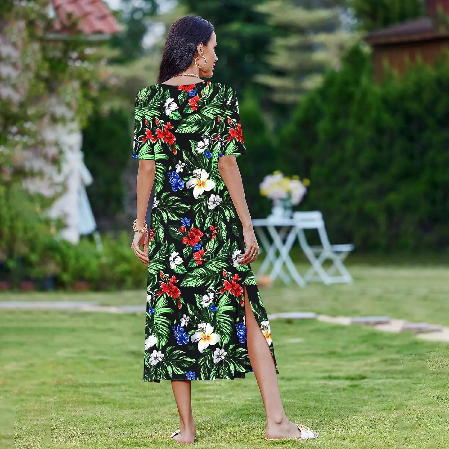 Summer Dress for Women Casual Loose Short Sleeve Long T Shirt Dress Split Maxi Beach Floral Sundress Vacation Outfits