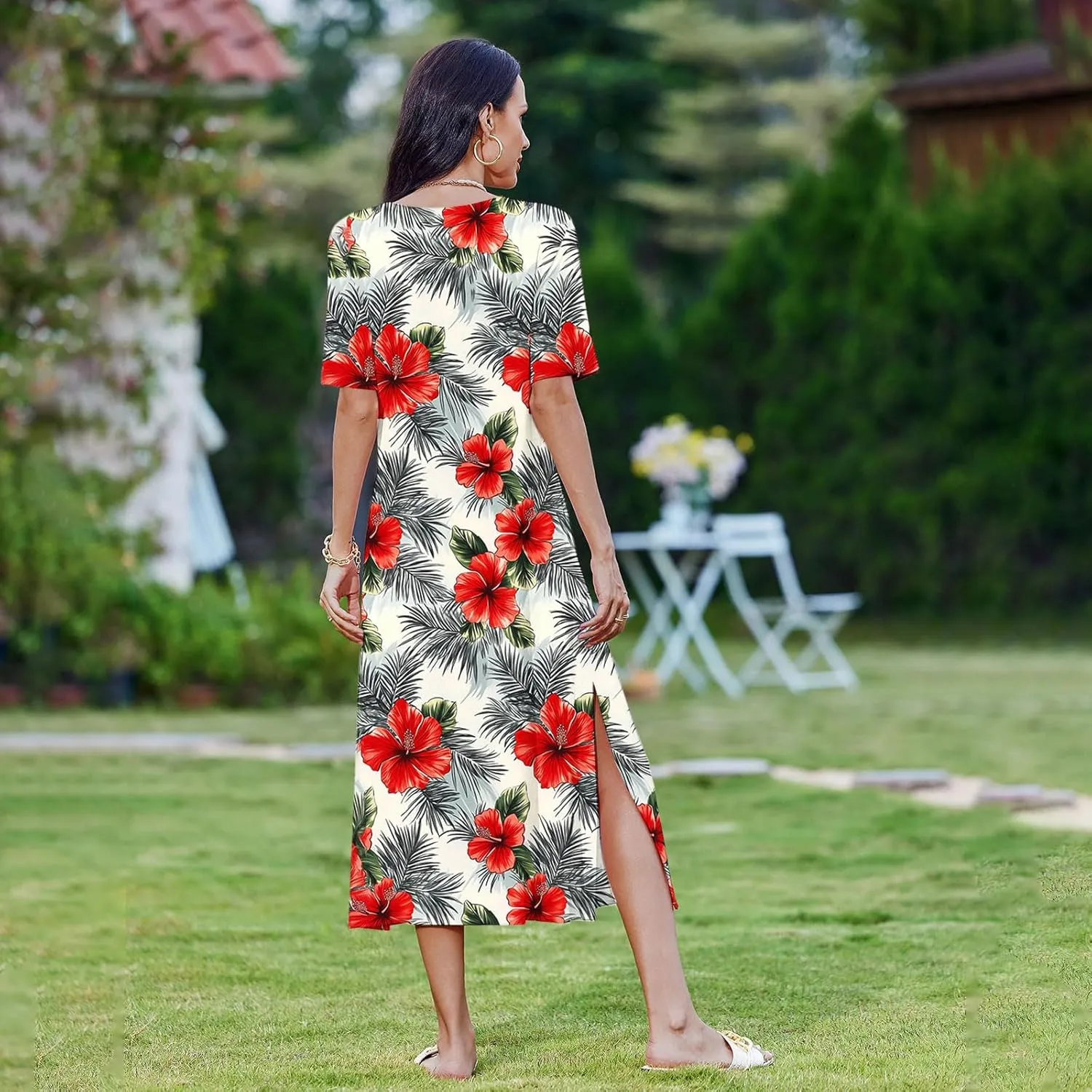 Summer Dress for Women Casual Loose Short Sleeve Long T Shirt Dress Split Maxi Beach Floral Sundress Vacation Outfits