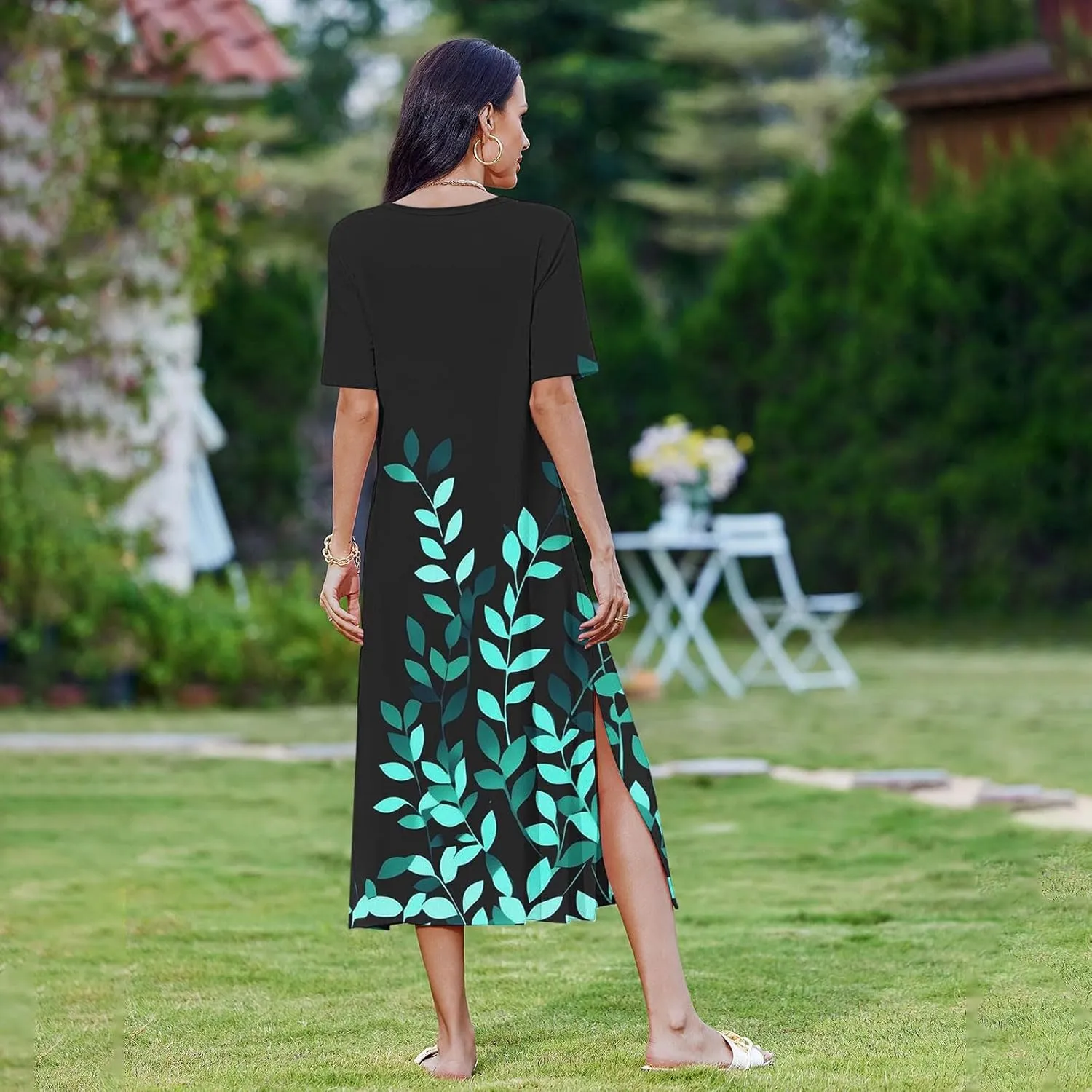 Summer Dress for Women Casual Loose Short Sleeve Long T Shirt Dress Split Maxi Beach Floral Sundress Vacation Outfits