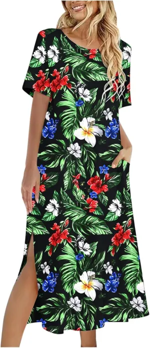 Summer Dress for Women Casual Loose Short Sleeve Long T Shirt Dress Split Maxi Beach Floral Sundress Vacation Outfits