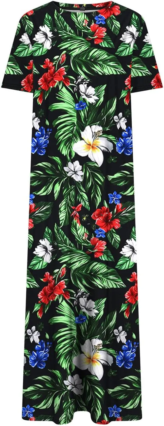 Summer Dress for Women Casual Loose Short Sleeve Long T Shirt Dress Split Maxi Beach Floral Sundress Vacation Outfits