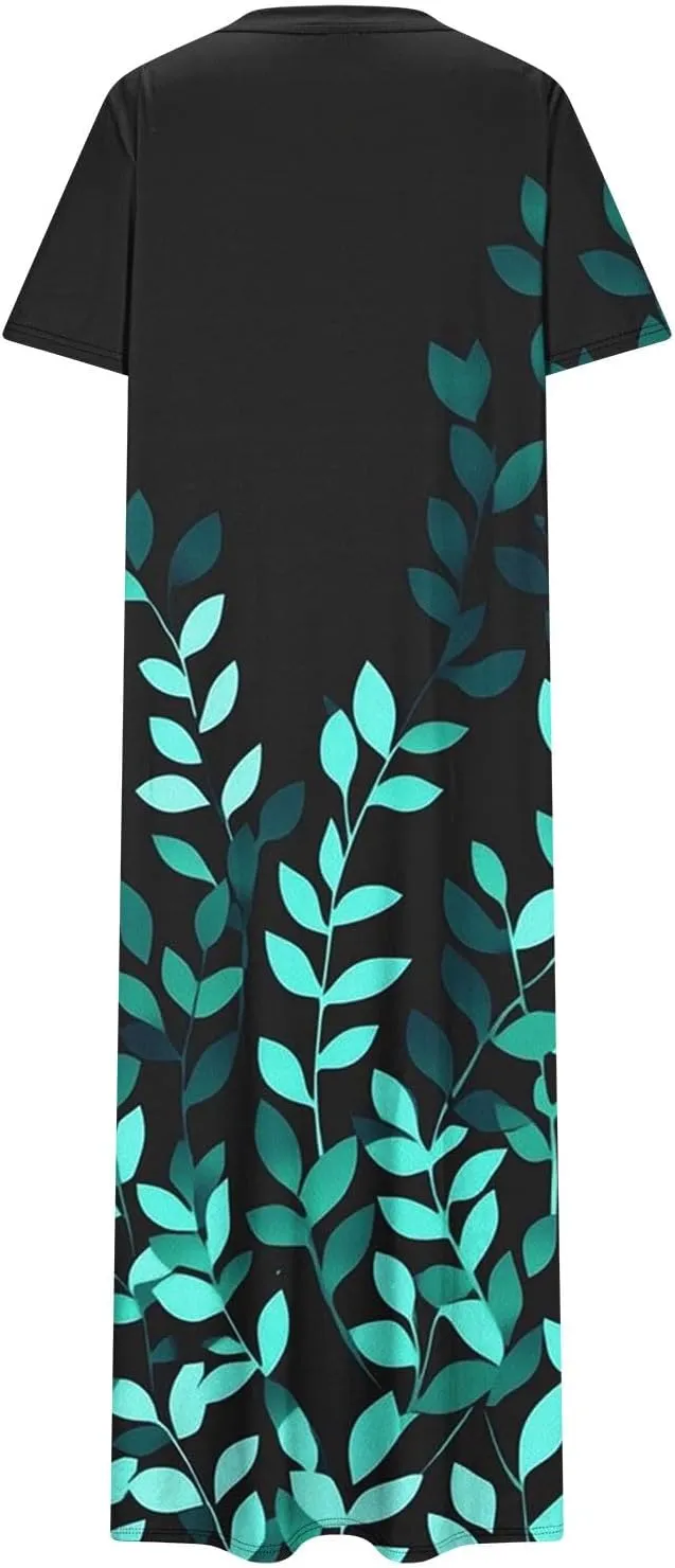 Summer Dress for Women Casual Loose Short Sleeve Long T Shirt Dress Split Maxi Beach Floral Sundress Vacation Outfits