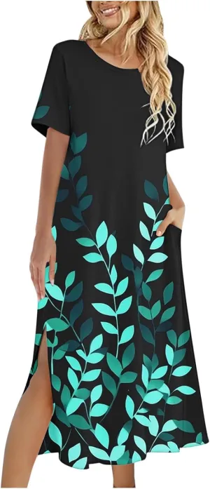 Summer Dress for Women Casual Loose Short Sleeve Long T Shirt Dress Split Maxi Beach Floral Sundress Vacation Outfits