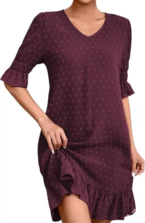Summer Dress for Women Ruffle Short Sleeve Swiss Dots Mini Dress 2025 Casual V Neck Flowy A Line Wedding Guest Dress