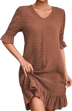 Summer Dress for Women Ruffle Short Sleeve Swiss Dots Mini Dress 2025 Casual V Neck Flowy A Line Wedding Guest Dress