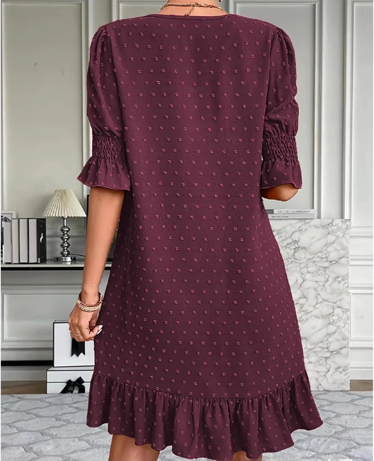 Summer Dress for Women Ruffle Short Sleeve Swiss Dots Mini Dress 2025 Casual V Neck Flowy A Line Wedding Guest Dress