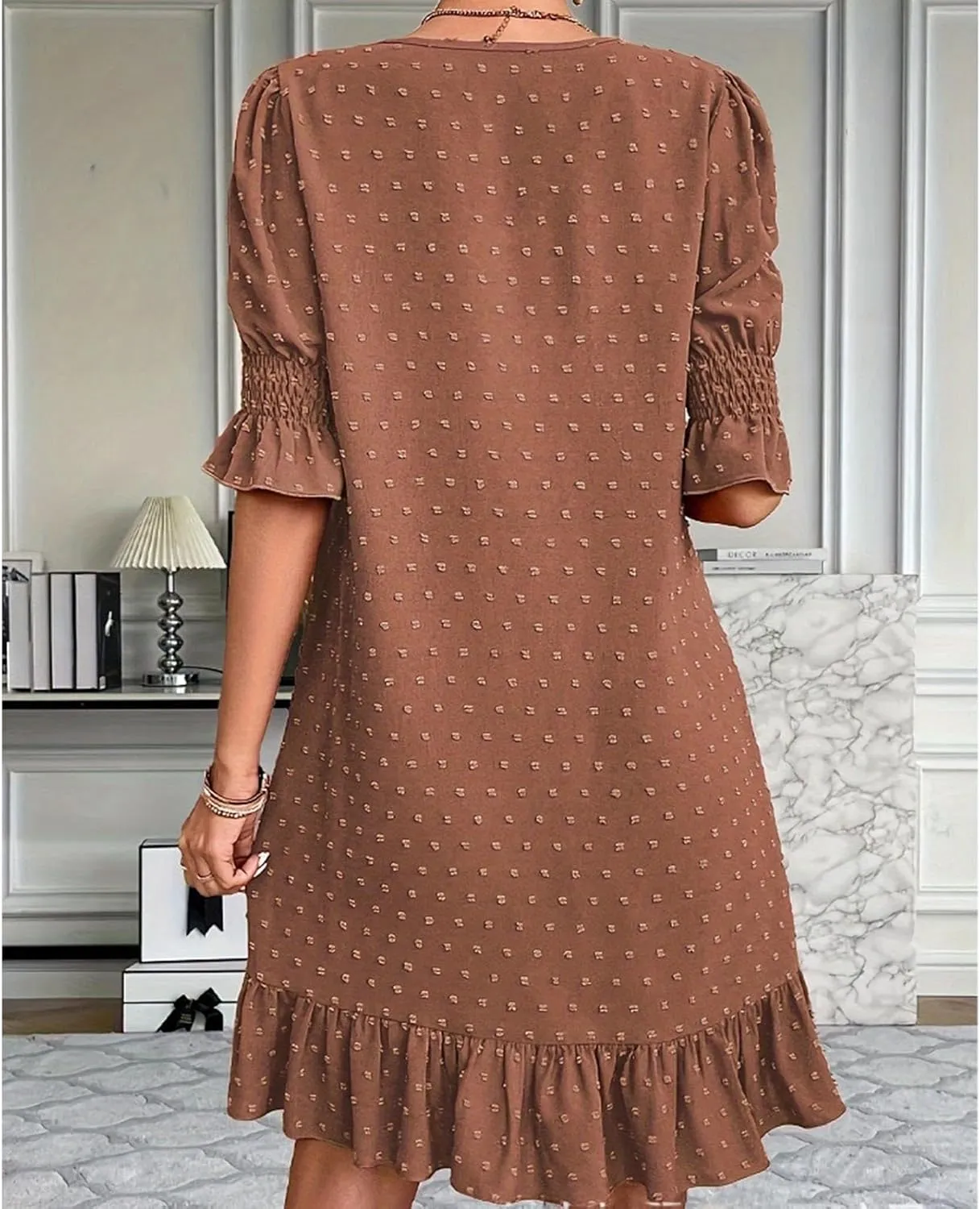Summer Dress for Women Ruffle Short Sleeve Swiss Dots Mini Dress 2025 Casual V Neck Flowy A Line Wedding Guest Dress