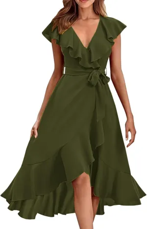 Summer Dresses for Women 2024 Wrap V Neck Short Sleeve Belted Ruffle Hem A-Line Flowy Maxi Dresses Vacation Outfits