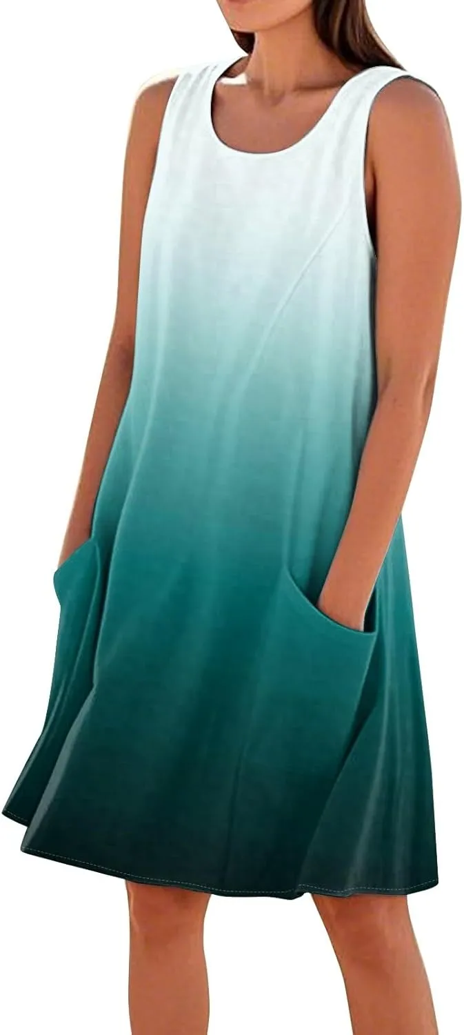 Summer Dresses for Women 2025 Round Neck Short Sleeve Cotton Linen Dress Beach Vacation Sundresses with Pockets