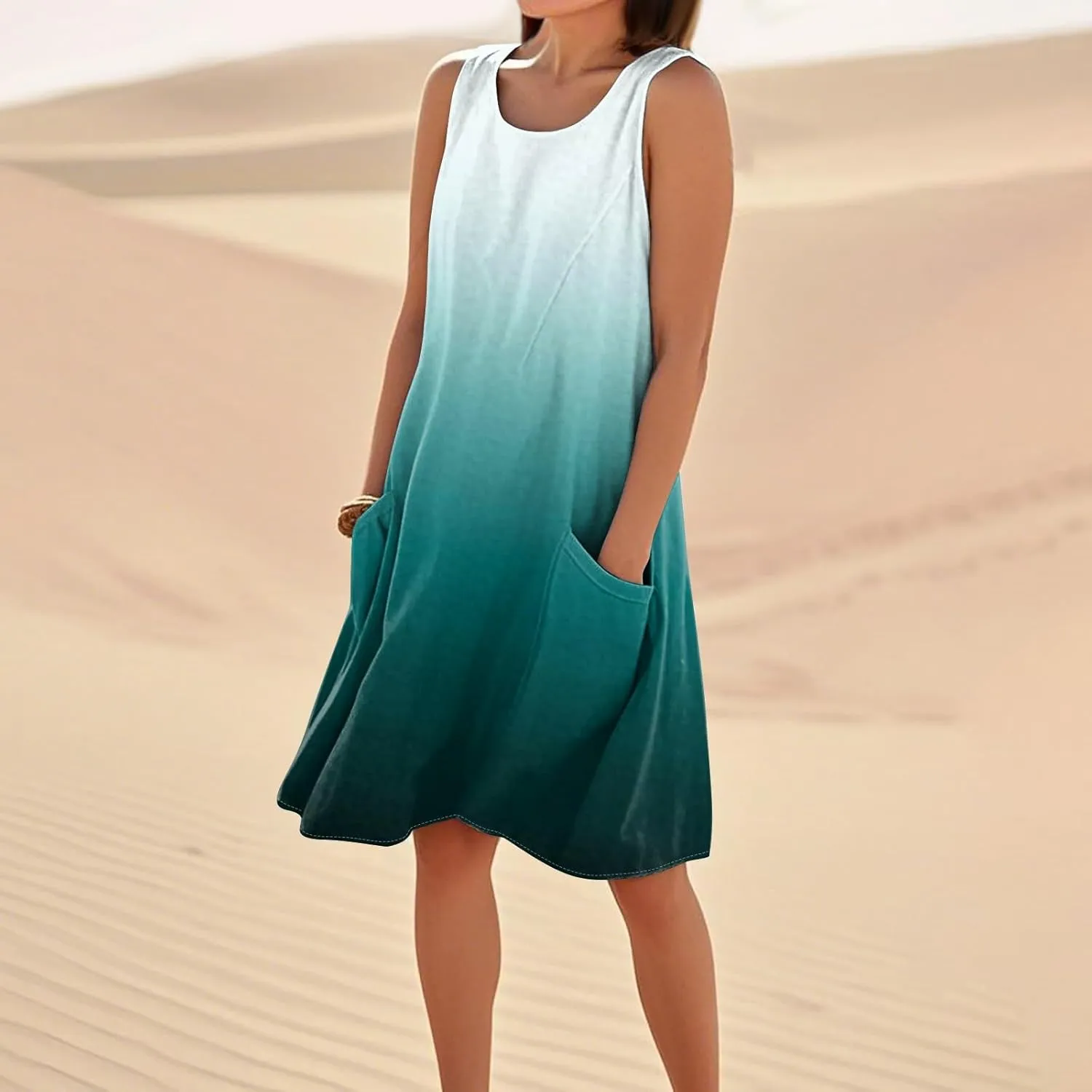 Summer Dresses for Women 2025 Round Neck Short Sleeve Cotton Linen Dress Beach Vacation Sundresses with Pockets