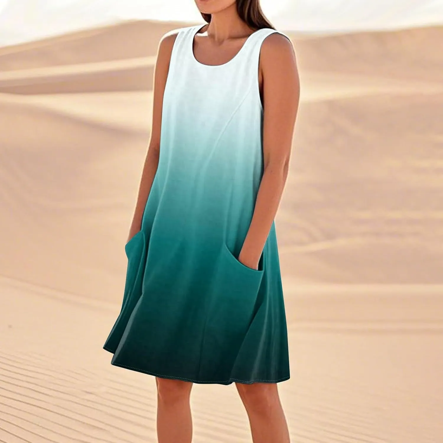 Summer Dresses for Women 2025 Round Neck Short Sleeve Cotton Linen Dress Beach Vacation Sundresses with Pockets