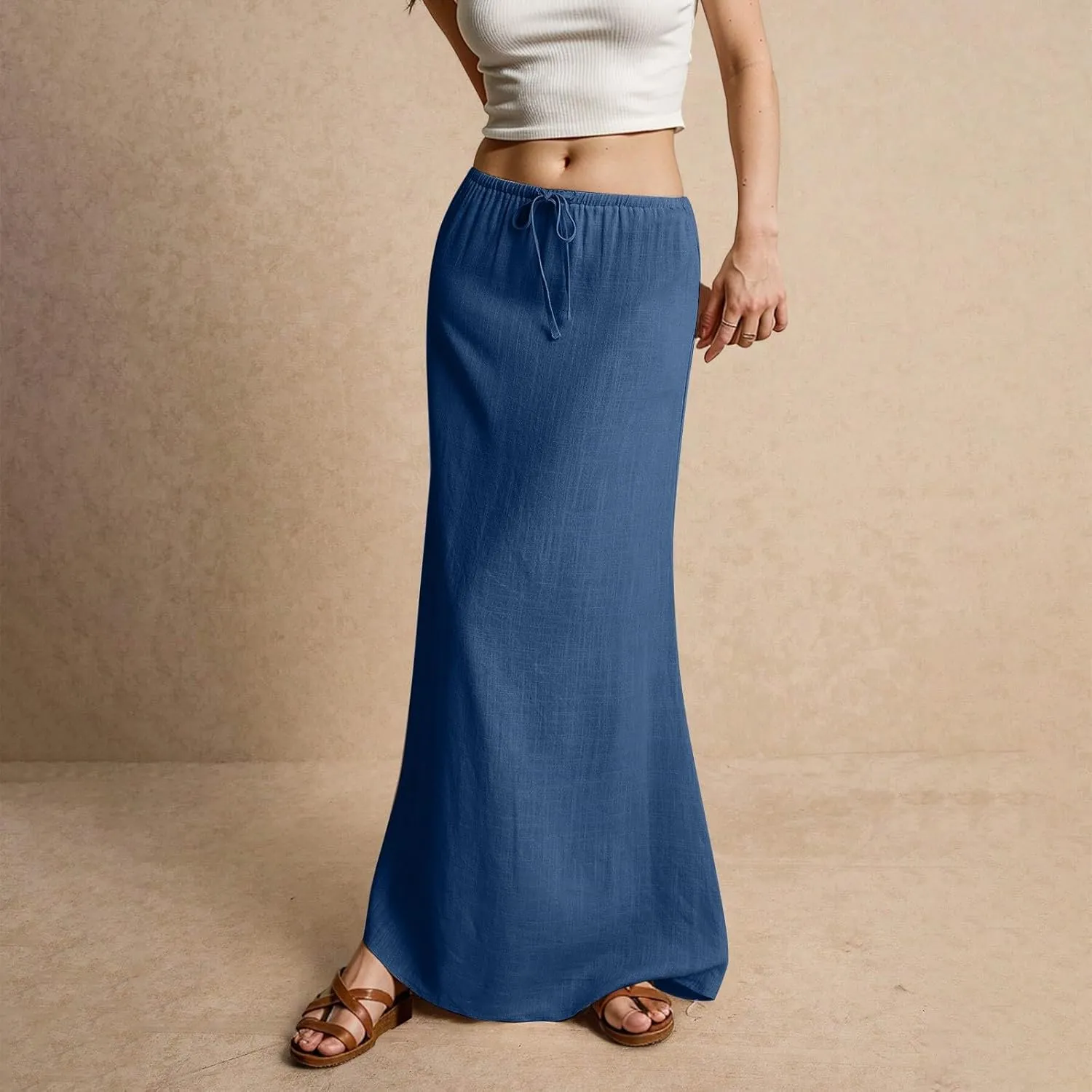 Summer Linen Maxi Skirts for Women Comfy Drawstring Waist A Line Cute Vacation Boho Long Flowy Skirt Trendy