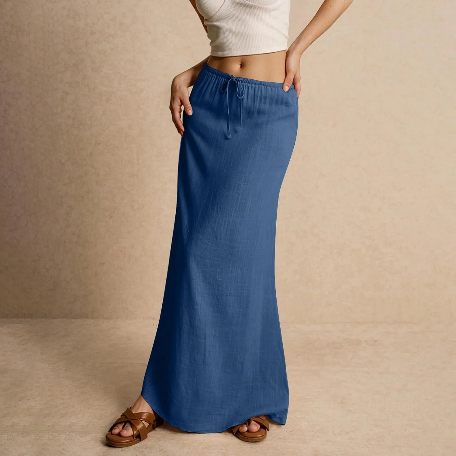 Summer Linen Maxi Skirts for Women Comfy Drawstring Waist A Line Cute Vacation Boho Long Flowy Skirt Trendy
