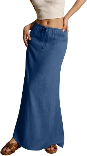 Summer Linen Maxi Skirts for Women Comfy Drawstring Waist A Line Cute Vacation Boho Long Flowy Skirt Trendy