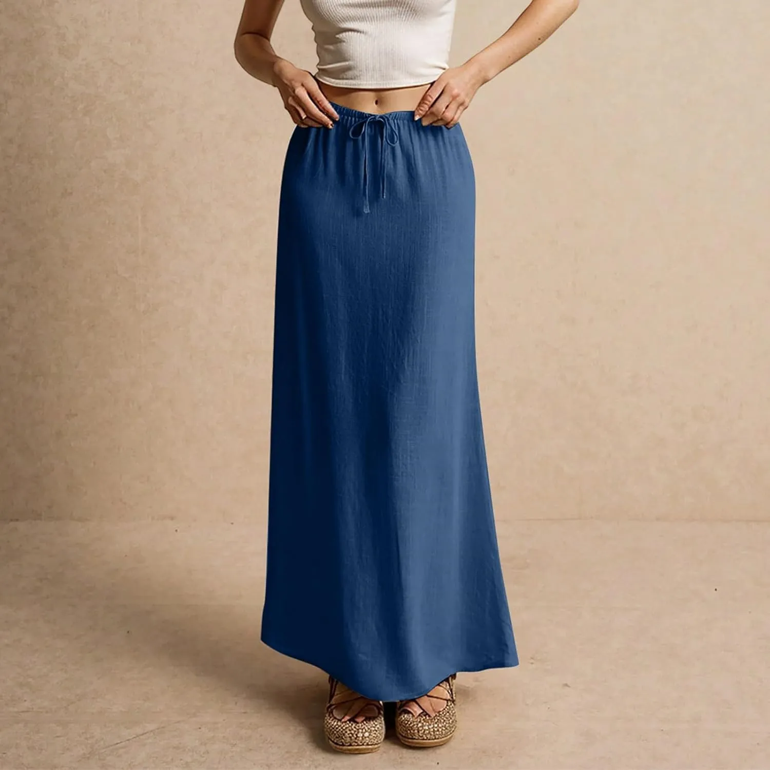 Summer Linen Maxi Skirts for Women Comfy Drawstring Waist A Line Cute Vacation Boho Long Flowy Skirt Trendy
