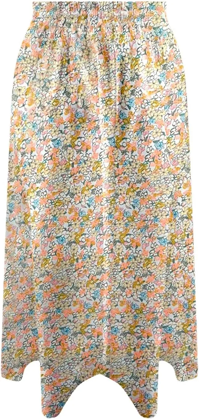 Summer Skirt for Women Casual Vacation Bohemian High Elastic Waist A-Line Trendy Pleated Midi Skirts with Pockets