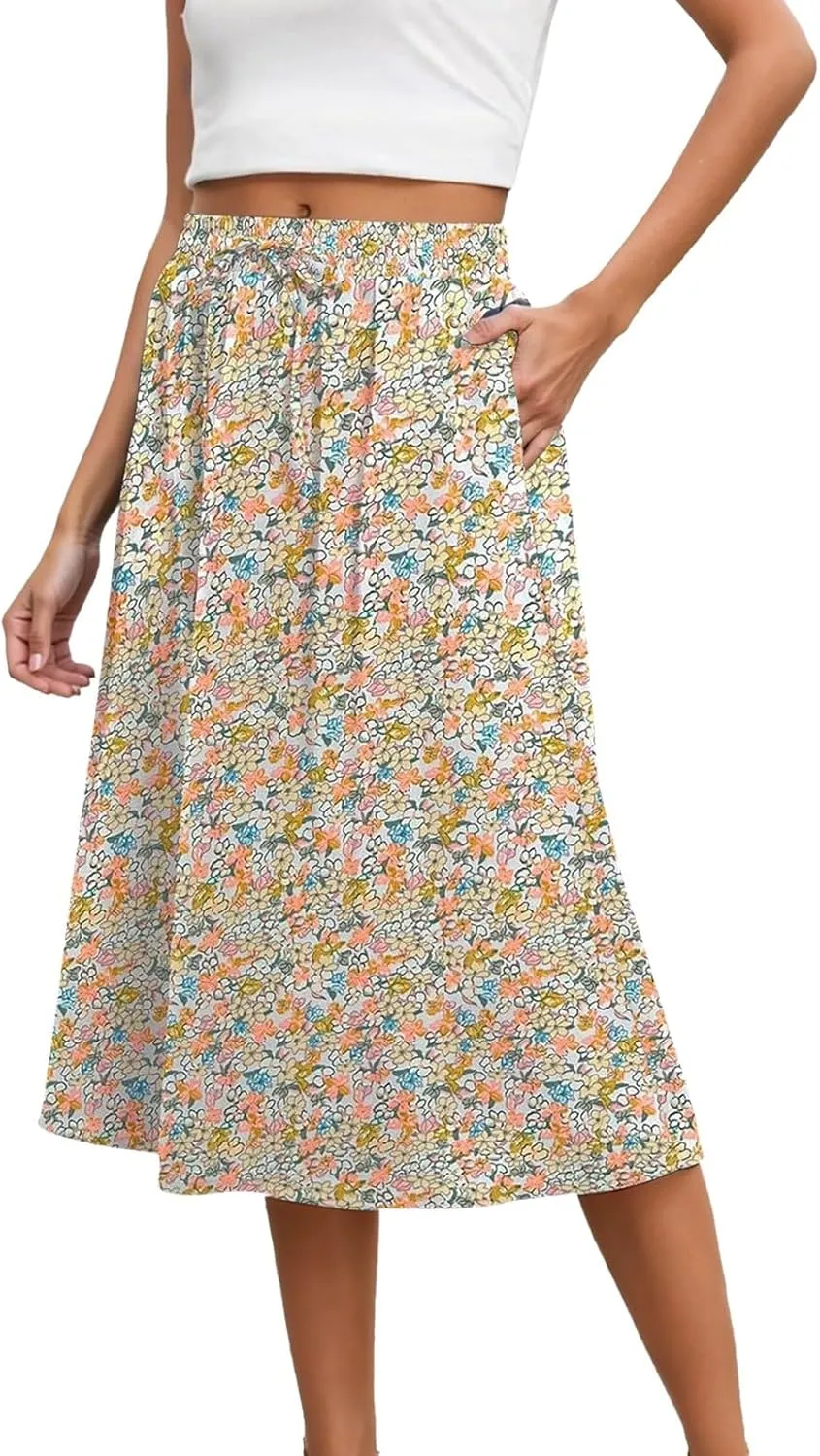 Summer Skirt for Women Casual Vacation Bohemian High Elastic Waist A-Line Trendy Pleated Midi Skirts with Pockets