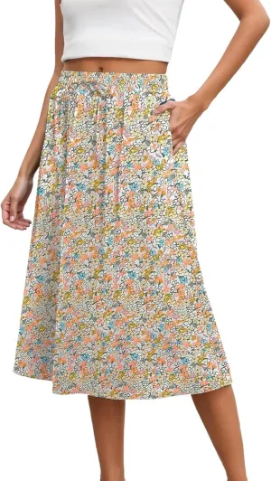 Summer Skirt for Women Casual Vacation Bohemian High Elastic Waist A-Line Trendy Pleated Midi Skirts with Pockets