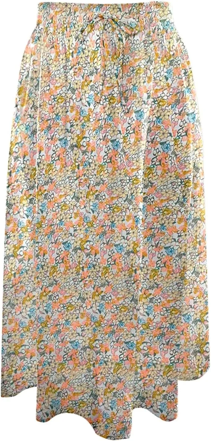 Summer Skirt for Women Casual Vacation Bohemian High Elastic Waist A-Line Trendy Pleated Midi Skirts with Pockets