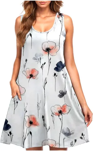 Summer Sundress for Women Beach Boho Sleeveless Vintage Floral Flowy Tank Sundress Loose Swing A-Line Mini Dress